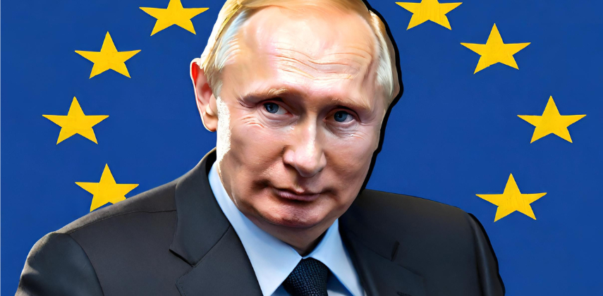 Vladimir Poutine et drapeau de l'Europe- Image générée par l'IA